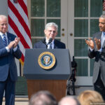 United States President Barack Obama, right, applauds Judge Merrick Garland, chief justice for the US Court of Appeals for the District of Columbia Circuit, center, after announcing him as his nominee to replace the late Associate Justice Antonin Scalia on the U.S. Supreme Court in the Rose Garden of the White House in Washington, D.C. on Wednesday, March 16, 2016. US Vice President Joe Biden applauds at left. Credit: Ron Sachs / CNP - NO WIRE SERVICE. Ron Sachs/picture-alliance/dpa/AP Images. http://www.apimages.com/Search?query=265798359747&ss=10&st=kw&entitysearch=&toItem=15&orderBy=Newest.