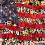 An American flag superimposed over a collage of many multi-ethnic people, representing the diversity of the United States. ©John Lund/Blend Images LLC. MHE World.