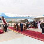 President Donald Trump and First Lady Melania Trump receive a red carpet welcome by King Salman bin Abdulaziz Al Saud of Saudi Arabia and his official delegation, Saturday, May 20, 2017, on their arrival to King Khalid International Airport in Riyadh, Saudi Arabia.