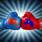 Republican versus Democrat. Close-up view of two boxing gloves, one with the Republican elephant symbol versus the Democrat donkey symbol, against a starburst background, fighting for the vote of an American election