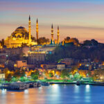 View of Istanbul with Suleymaniye Mosque on the hill during sunset, Turkey.