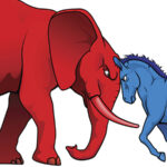 The democrat and republican symbols of a donkey and elephant facing off