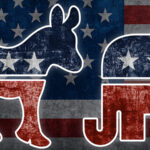 Symbols of the two American political parties, the Democratic Donkey and the Republican Elephant in red, white and blue, against an American flag background