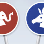 circular logos of the Republican and Democratic party on stick handles