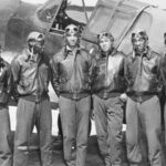 black and white photo of Turkegee Airmen pilots taken during World War II