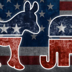 Official Symbols of the two American political parties, the Democratic Donkey and the Republican Elephant in red, white and blue, against an American flag background